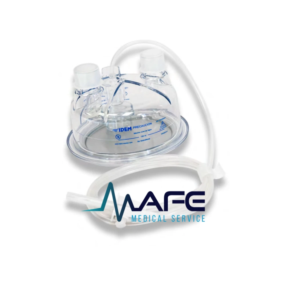 Cámara de humidificación de plástico transparente IDEM, desechable y universal, con tubuladura y dos puertos en la tapa.