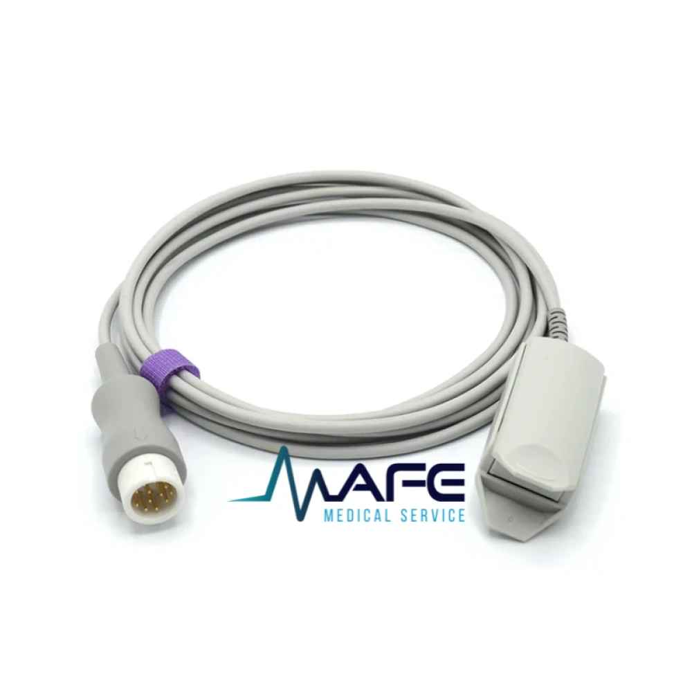 Cable de sensor SpO2 reutilizable de color gris con un conector multipin (12 pines) y un clip para dedo, compatible con monitores Comen.