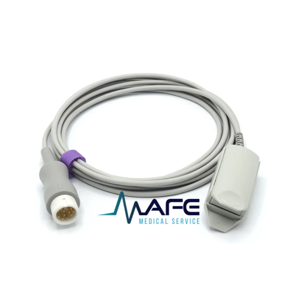 Cable de sensor SpO2 reutilizable de color gris con un conector multipin (12 pines) y un clip para dedo, compatible con monitores Comen.