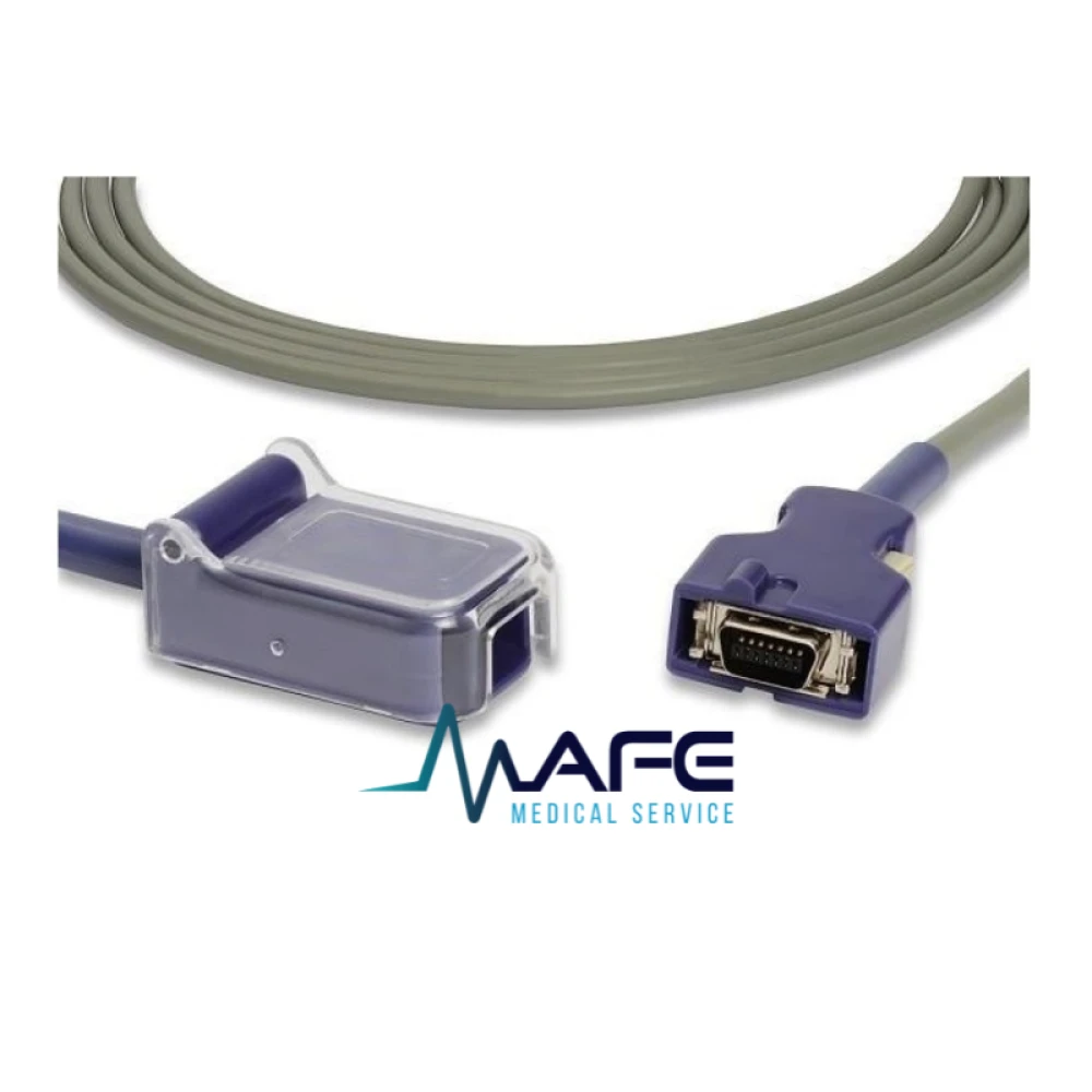Adaptador de sensor SpO2 Nellcor-Oxi, cable de extensión para conectar sensores a monitores con tecnología Oxi-Max, color gris y conectores azul y morado.