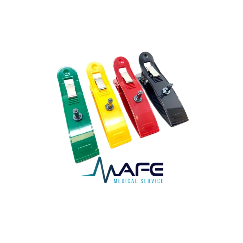 Juego de pinzas para electrocardiograma de extremidades en colores rojo, amarillo, verde y negro, con conexión universal para equipos de ECG