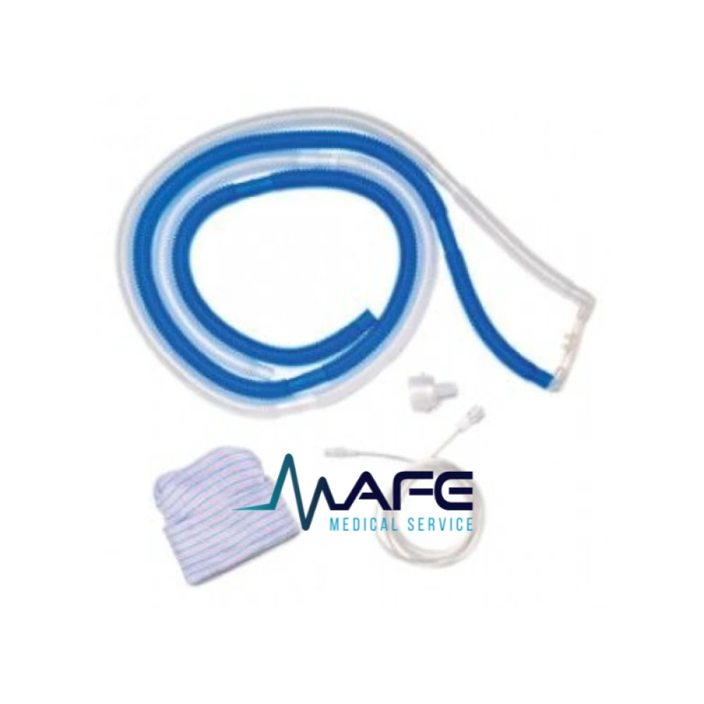 Circuito nasal de CPAP Neonatal, de color azul y blanco, que incluye tubos corrugados, gorro de tela y conectores para ventilación no invasiva.