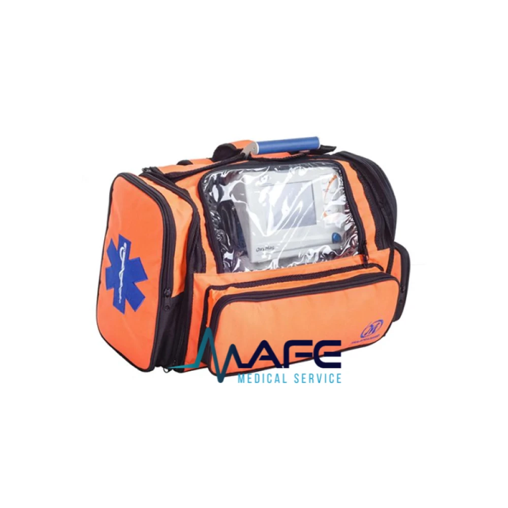 Mochila de primeros auxilios de color naranja y negro, diseñada para el transporte seguro del ventilador Magnamed Oxymag.