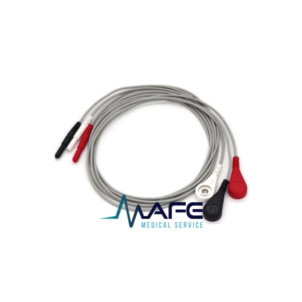 Cable ECG de una pieza y 3 derivaciones (3 lead), con conector de 6 pines, compatible con múltiples marcas de monitores como Mindray y Datascope.