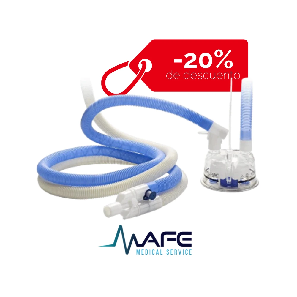 Circuito respiratorio Evaqua 2 para ventilación mecánica con tubos azules y blancos, calentador dual y cámara