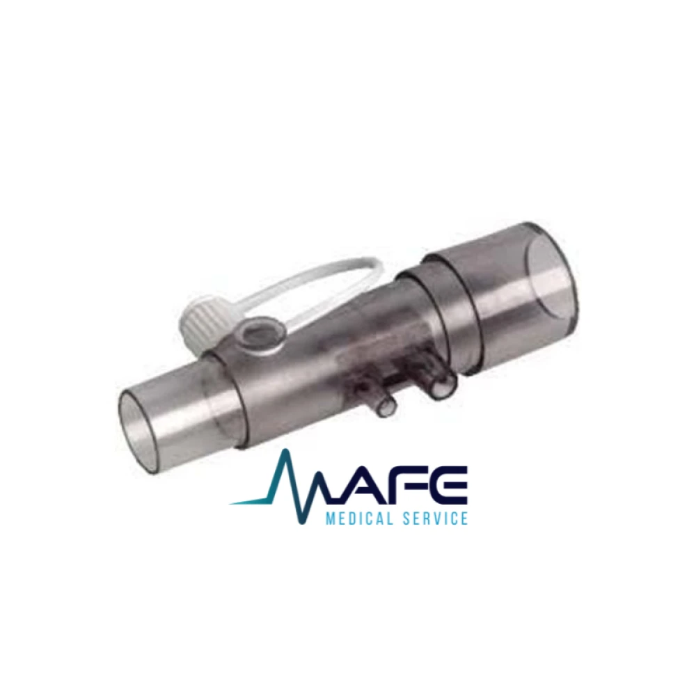 Sensor de flujo para máquinas de anestesia Spacelabs, Plarre y Blease, con conector en ángulo y cable gris.