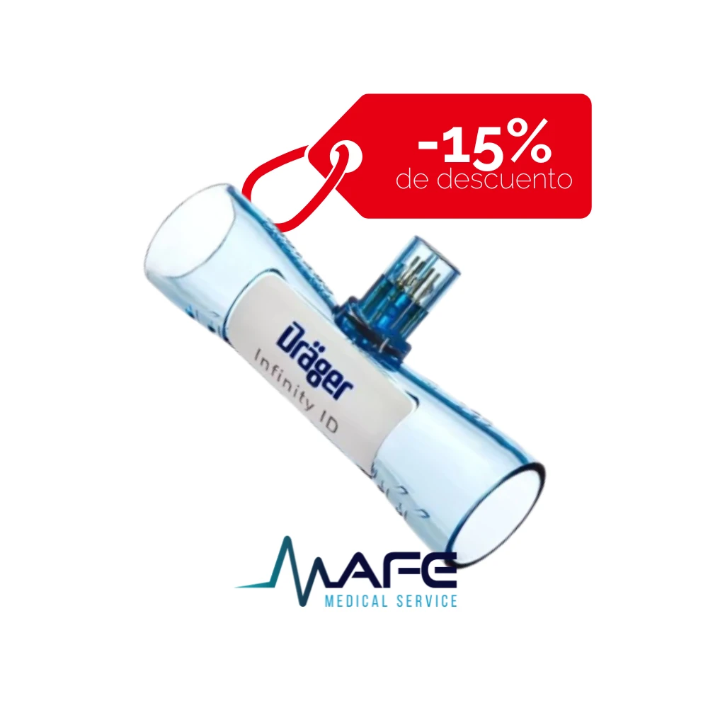 Sensor de flujo Infinity ID Dräger, de color blanco y azul, compatible con ventiladores Evita V500, V300 y V600/V800, y otros equipos con tecnología RFID.