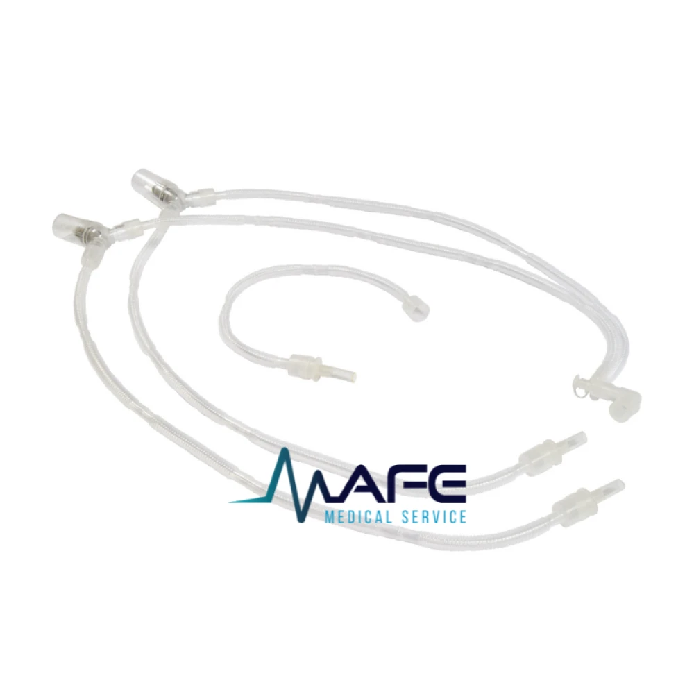 Circuito de ventilación desechable con trampas de agua, de color transparente, con tubuladuras y conectores, disponible en versiones adulto, pediátrico y neonatal.