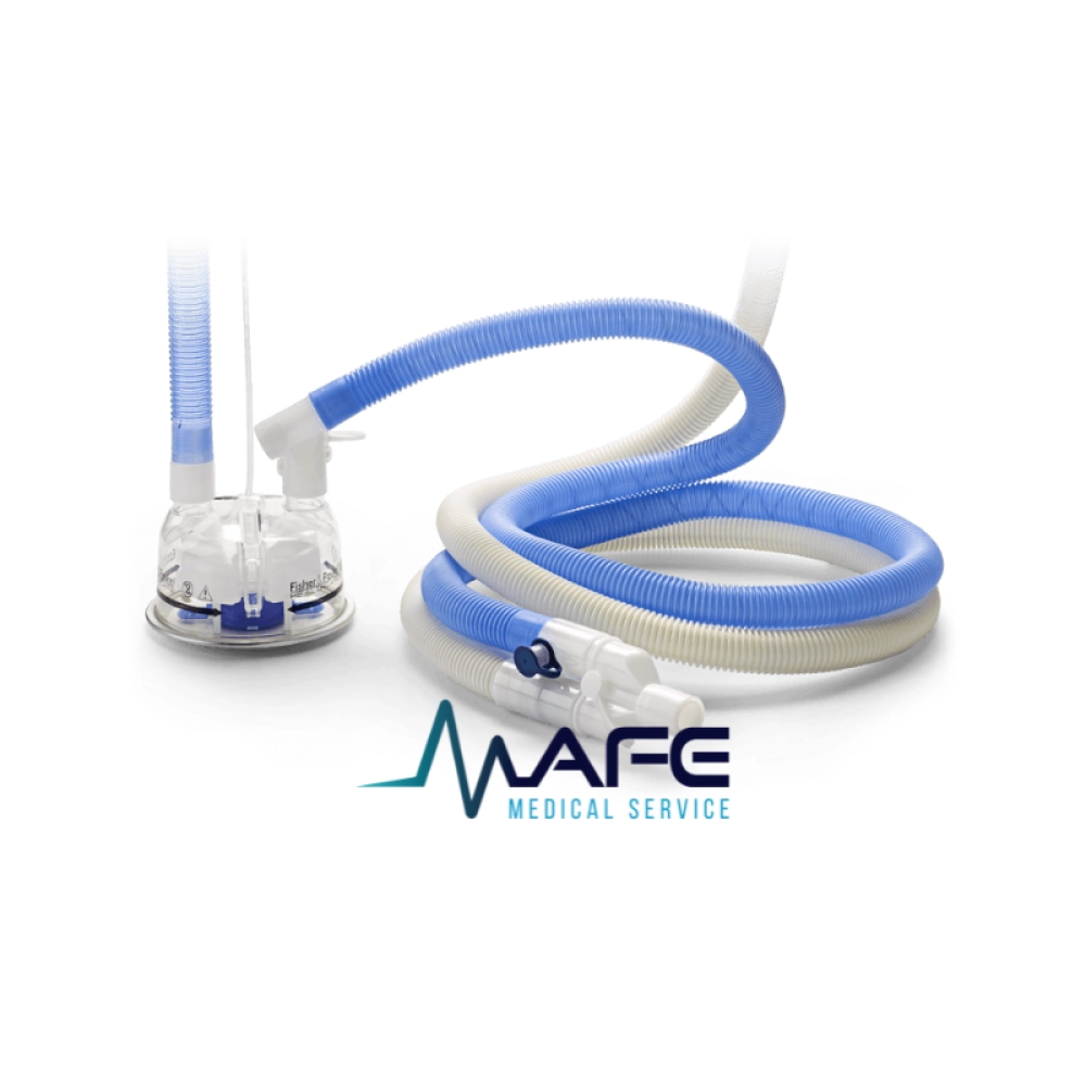 Circuito respiratorio Evaqua 2 para ventilación mecánica con tubos azules y blancos, calentador dual y cámara