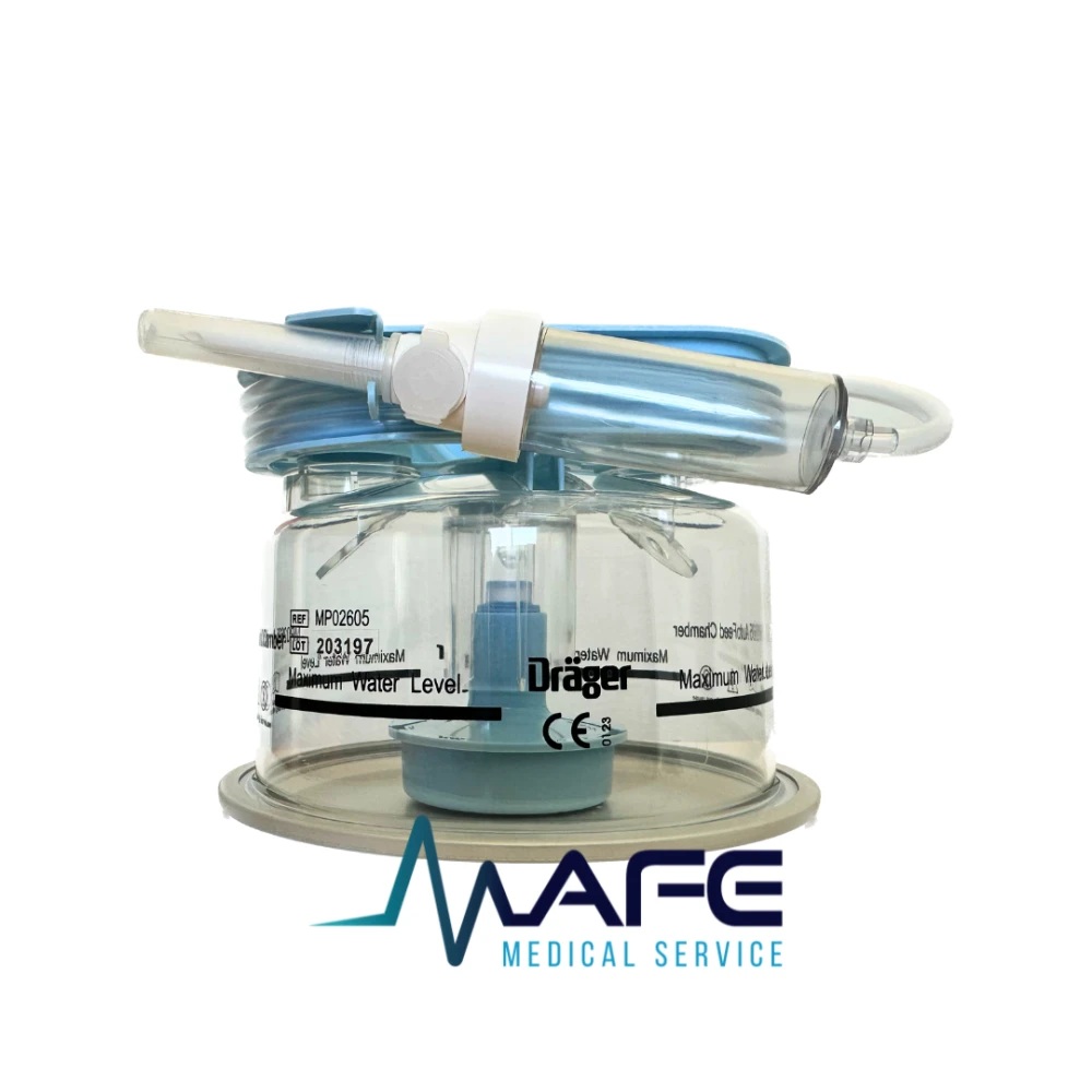 Cámara de humidificación desechable Dräger MP02605 con sistema de alimentación automática (autofeed) para ventilador.