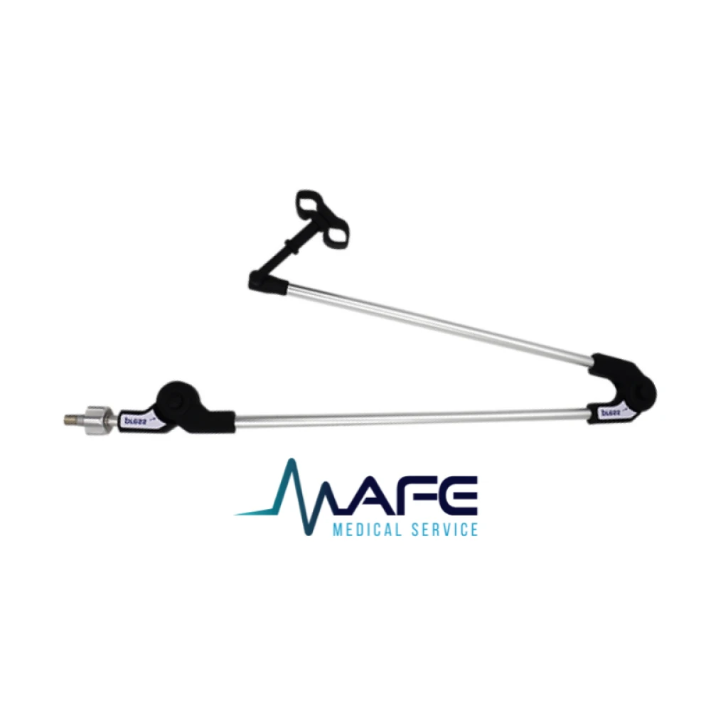 Brazo articulado universal metálico y plástico (modelo buazz) con abrazadera de sujeción para sostener circuitos de ventilación en camas hospitalarias o equipos médicos.