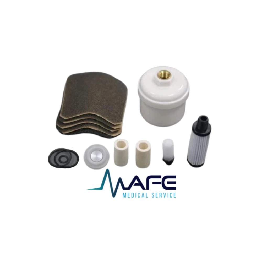 Kit de mantenimiento preventivo para ventilador Avea que incluye una variedad de filtros de espuma, cartuchos cilíndricos, sellos y membranas de repuesto.