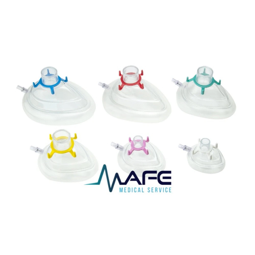 Mascarillas para anestesia SURE-SEAL con válvula, de diferentes tamaños, con anillos de retención codificados por colores (azul, rojo, verde, amarillo, rosa y transparente) y un cuerpo acolchonado.