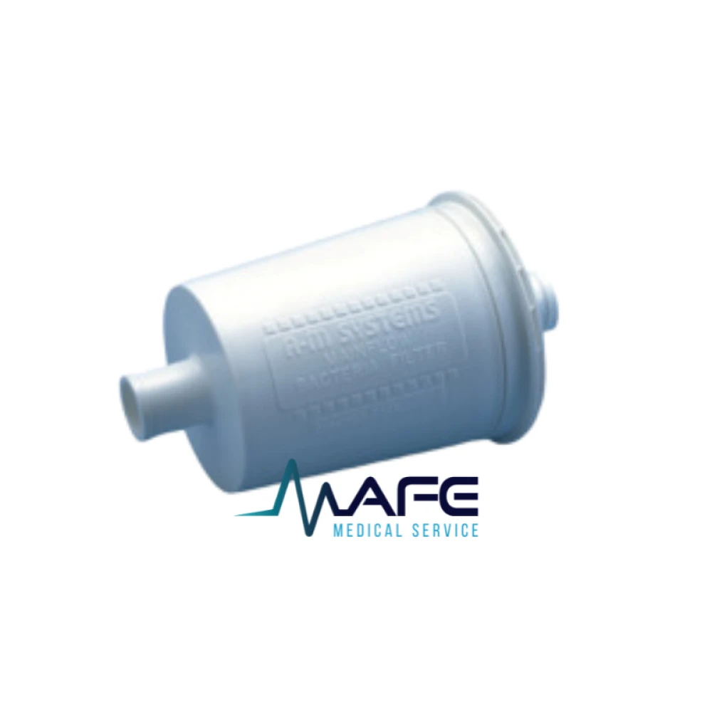 Filtro para bacterias de color blanco (R-III Systems Mainflow Bacteria Filter) con puertos de conexión para ventiladores Bear Medical.